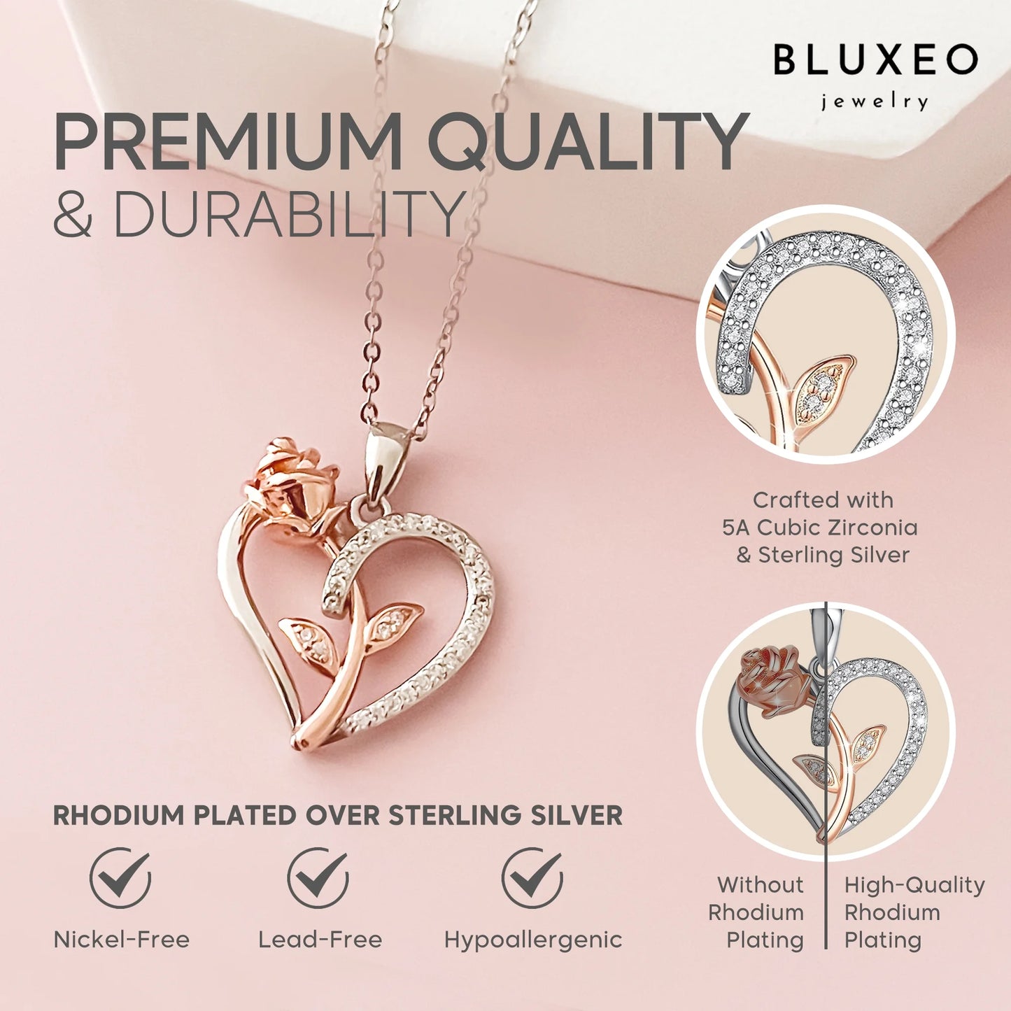 Stunning Sterling Silver & 18K Rose Gold Heart Pendant Necklace - The Ideal Valentine's Day Gift for Her - Necklaces Aura