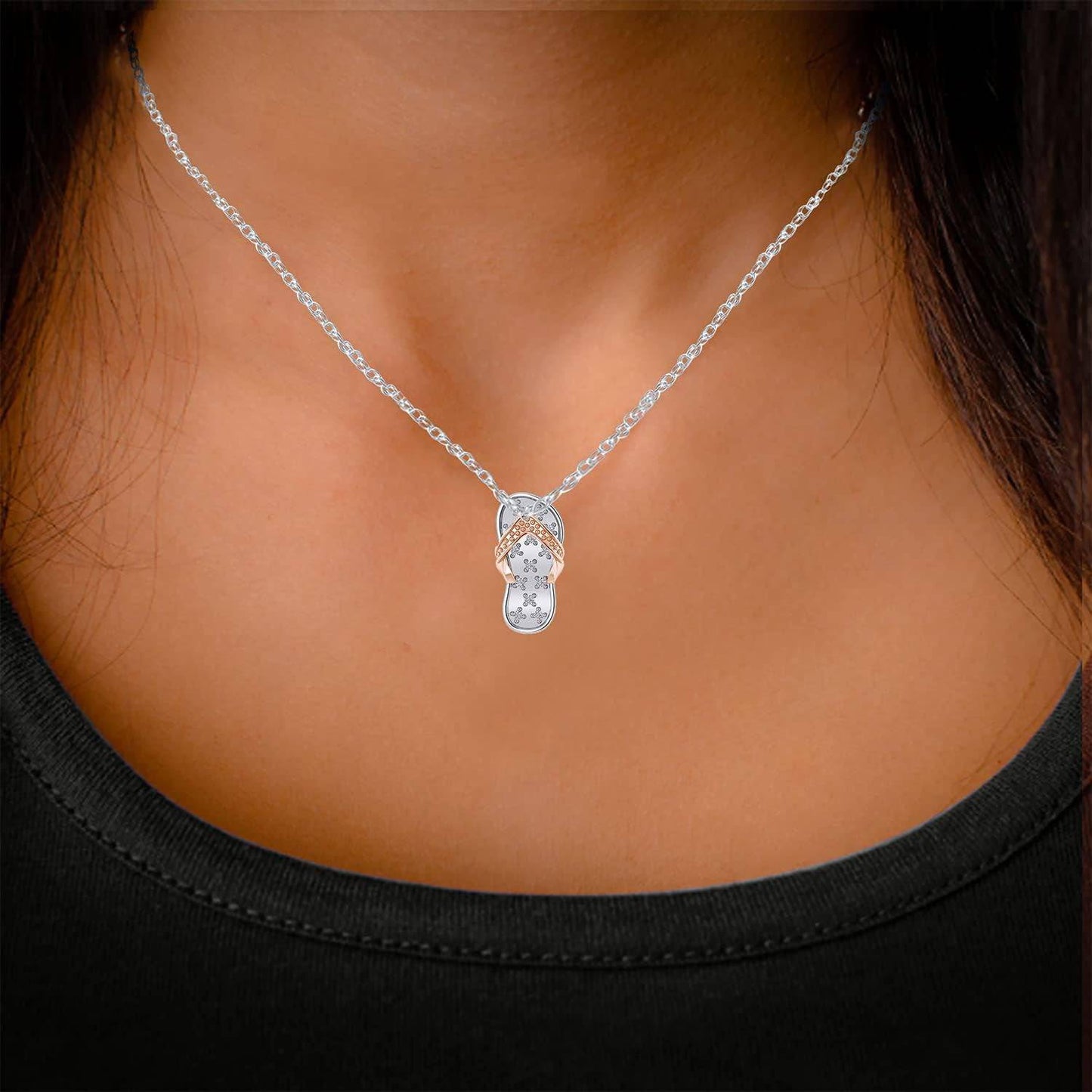 Stunning 14K Gold Two-Tone Flip Flop Pendant Necklace with Diamonds - 18" Beach Charm - Necklaces Aura