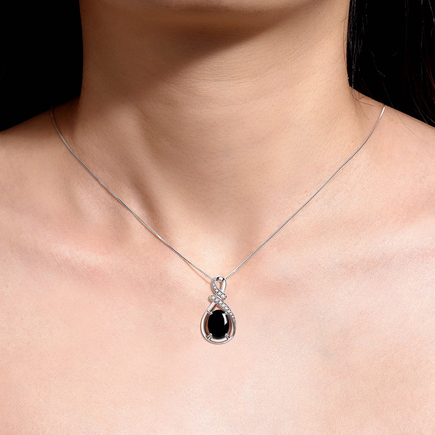 Sterling Silver Classic Designer Necklace with Gemstone & Diamond Pendant - 18" Chain Featuring 9X7MM Cabochon Onyx, Perfect October Birthstone Jewelry for Women - Necklaces Aura