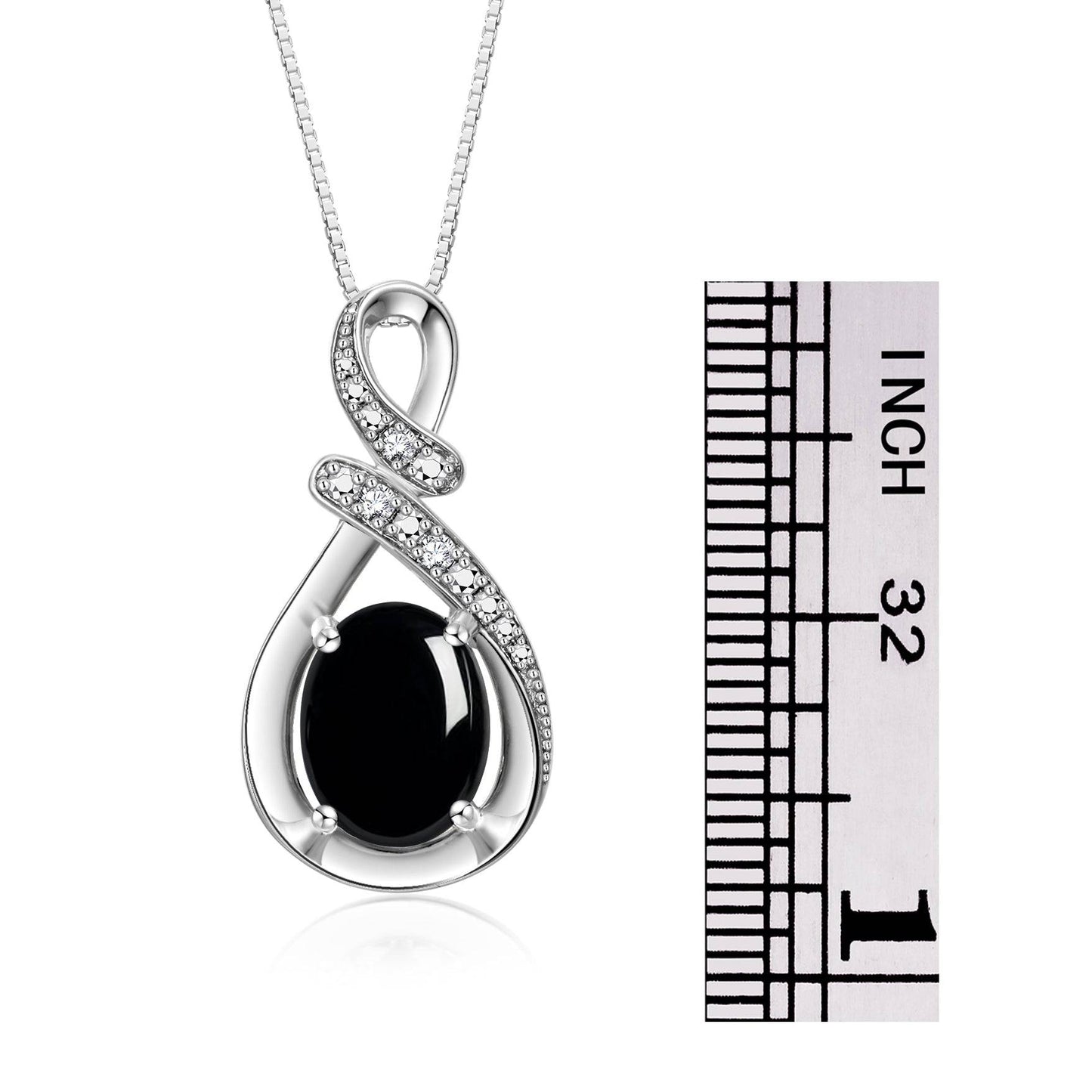 Sterling Silver Classic Designer Necklace with Gemstone & Diamond Pendant - 18" Chain Featuring 9X7MM Cabochon Onyx, Perfect October Birthstone Jewelry for Women - Necklaces Aura