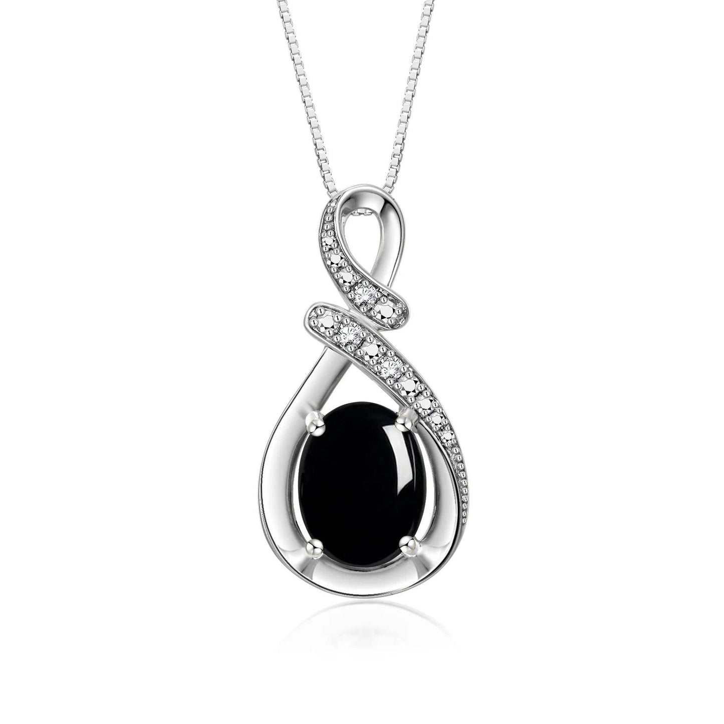 Sterling Silver Classic Designer Necklace with Gemstone & Diamond Pendant - 18" Chain Featuring 9X7MM Cabochon Onyx, Perfect October Birthstone Jewelry for Women - Necklaces Aura