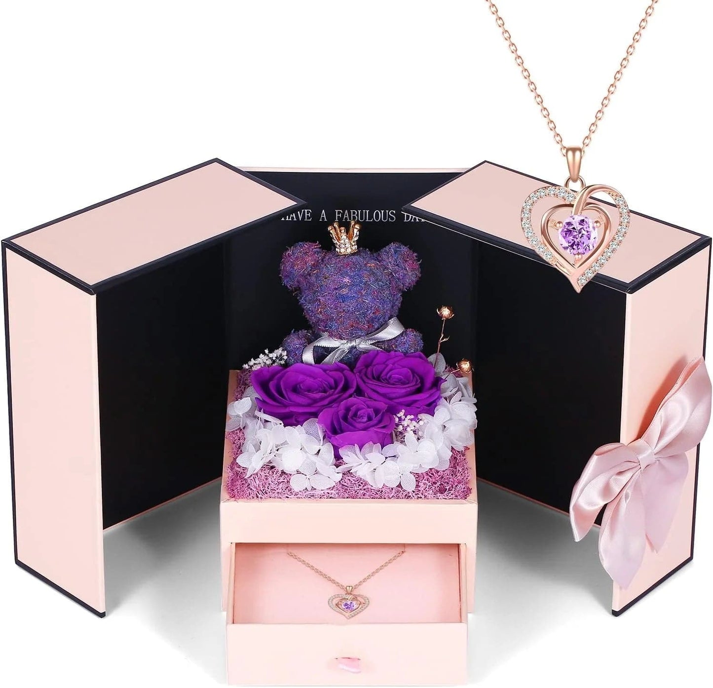 Elegant Preserved Rose Gift Set Featuring a 925 Sterling Silver Double Heart Necklace - Ideal Anniversary, Valentine's Day, Birthday, and Christmas Gift for Her, Wife, or Girlfriend from Husband or Boyfriend - Necklaces Aura