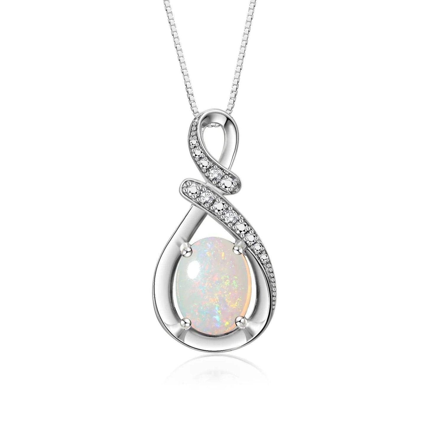 Elegant Sterling Silver Necklace with Opal & Diamonds. - Necklaces Aura